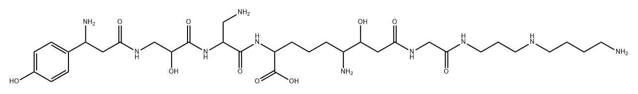 Glycinamide,N8-[(3S)-3-(4-hydroxyphenyl)-b-alanyl-(2S)-2-hydroxy-b-alanyl-3-amino-L-alanyl]-(3R,4S,8R)-4,8-diamino-8-carboxy-3-hydroxyoctanoyl-N-[3-[(4-aminobutyl)amino]propyl]-(9CI) Structure