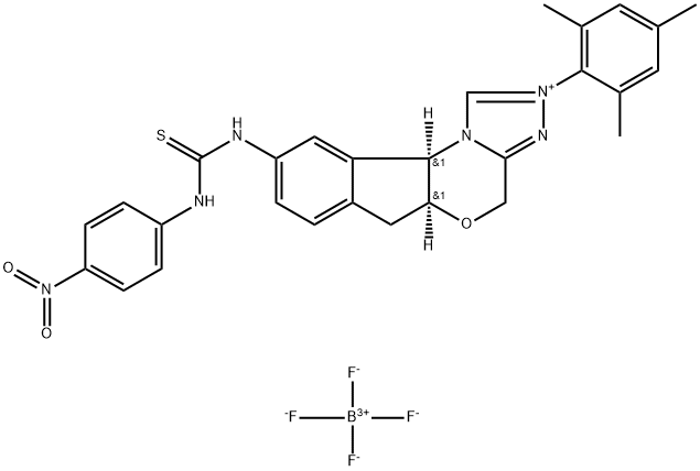 4H,6H-Indeno[2,1-b][1,2,4]triazolo[4,3-d][1,4]oxazinium, 5a,10b-dihydro-9-[[[(4-nitrophenyl)amino]thioxomethyl]amino]-2-(2,4,6-trimethylphenyl)-, (5aS,10bR)-, tetrafluoroborate(1-) (1:1) Structure