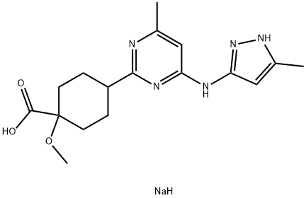 Cyclohexanecarboxylic acid, 1-methoxy-4-[4-methyl-6-[(5-methyl-1H-pyrazol-3-yl)amino]-2-pyrimidinyl]-, sodium salt (1:1) Structure