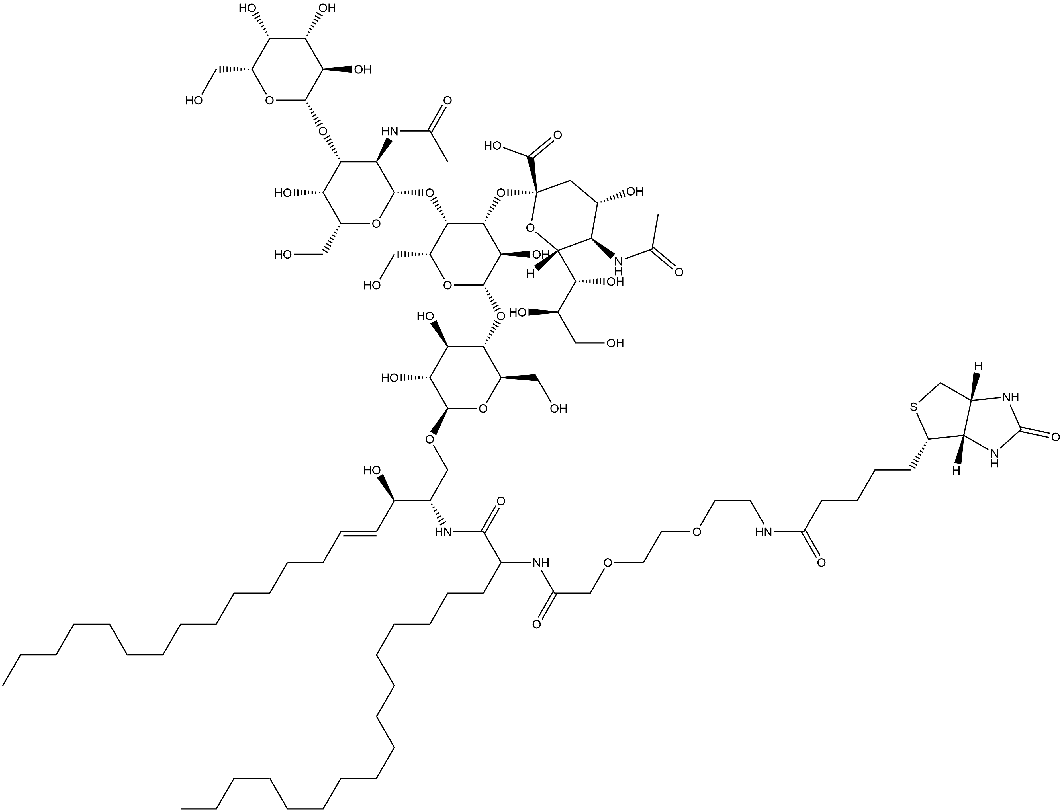 (3aS,4S,6aR)-N-[(13S,14R,15E)-13-[[[O-β-D-Galactopyranosyl-(1→3)-O-2-(acetylamino)-2-deoxy-β-D-galactopyranosyl-(1→4)-O-[N-acetyl-α-neuraminosyl-(2→3)]-O-β-D-galactopyranosyl-(1→4)-β-D-glucopyranosyl]oxy]methyl]-10-hexadecyl-14-hydroxy-8,11-dioxo-3,6-dioxa-9,12-diazanonacos-15-en-1-yl]hexahydro-2-oxo-1H-thieno[3,4-d]imidazole-4-pentanamide Structure