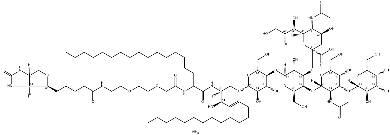 1H-Thieno[3,4-d]imidazole-4-pentanamide, N-[(13S,14R,15E)-13-[[[O-β-D-galactopyranosyl-(1→3)-O-2-(acetylamino)-2-deoxy-β-D-galactopyranosyl-(1→4)-O-[N-acetyl-α-neuraminosyl-(2→3)]-O-β-D-galactopyranosyl-(1→4)-β-D-glucopyranosyl]oxy]methyl]-10-hexadecyl-14-hydroxy-8,11-dioxo-3,6-dioxa-9,12-diazanonacos-15-en-1-yl]hexahydro-2-oxo-, ammonium salt (1:1), (3aS,4S,6aR)- Structure