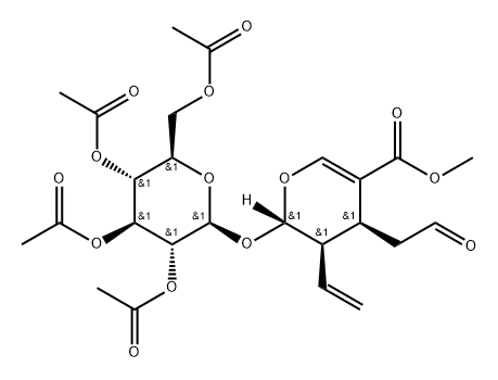 2H-Pyran-5-carboxylic acid, 3-ethenyl-3,4-dihydro-4-(2-oxoethyl)-2-[(2,3,4,6-tetra-O-acetyl-β-D-glucopyranosyl)oxy]-, methyl ester, (2S,3R,4S)- 구조식 이미지