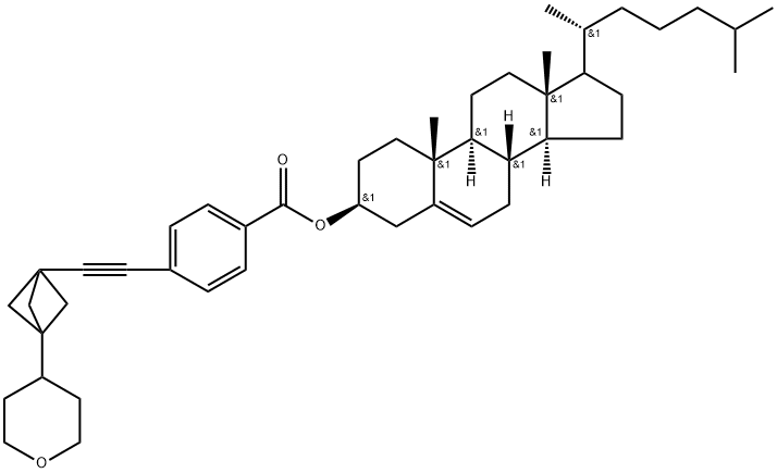 (3S,8S,9S,10R,13R,14S,17R)-10,13-dimethyl-17-((R)-6-methylheptan-2-yl)-2,3,4,7,8,9,10,11,12,13,14,15,16,17-tetradecahydro-1H-cyclopenta[a]phenanthren-3-yl 4-((3-(tetrahydro-2H-pyran-4-yl)bicyclo[1.1.1]pentan-1-yl)ethynyl)benzoate Structure