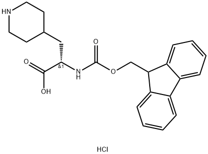 4-Piperidinepropanoic acid, α-[[(9H-fluoren-9-ylmethoxy)carbonyl]amino]-, hydrochloride (1:1), (αS)- Structure