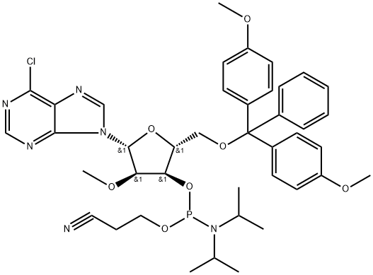 (2R,3R,4R,5R)-2-((Bis(4-methoxyphenyl)(phenyl)methoxy)methyl)-5-(6-chloro-9H-purin-9-yl)-4-methoxytetrahydrofuran-3-yl (2-cyanoethyl) diisopropylphosphoramidite 구조식 이미지