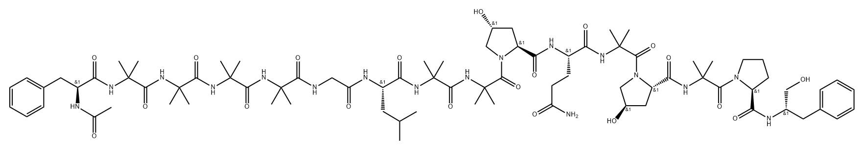 L-Prolinamide, N-acetyl-L-phenylalanyl-2-methylalanyl-2-methylalanyl-2-methylalanyl-2-methylalanylglycyl-L-leucyl-2-methylalanyl-2-methylalanyl-(4R)-4-hydroxy-L-prolyl-L-glutaminyl-2-methylalanyl-(4R)-4-hydroxy-L-prolyl-2-methylalanyl-N-[(1S)-1-(hydroxymethyl)-2-phenylethyl]- 구조식 이미지