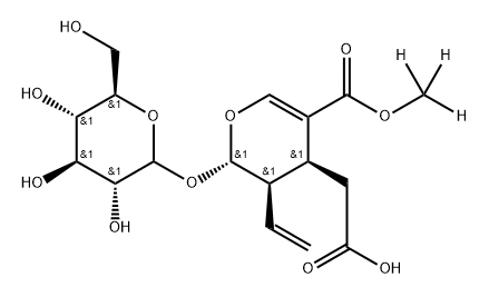 2-((2S,3R,4S)-5-((methoxy-d3)carbonyl)-2-(((3R,4S,5S,6R)-3,4,5-trihydroxy-6-(hydroxymethyl)tetrahydro-2H-pyran-2-yl)oxy)-3-vinyl-3,4-dihydro-2H-pyran-4-yl)acetic acid 구조식 이미지