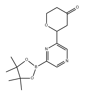 2-(6-(4,4,5,5-tetramethyl-1,3,2-dioxaborolan-2-yl)pyrazin-2-yl)tetrahydro-4H-pyran-4-one 구조식 이미지