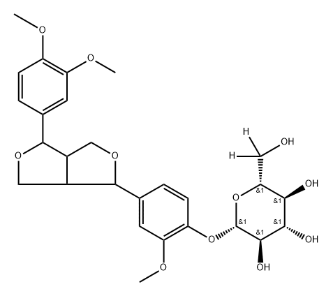 (2S,3R,4S,5S,6R)-2-(4-(4-(3,4-dimethoxyphenyl)tetrahydro-1H,3H-furo[3,4-c]furan-1-yl)-2-methoxyphenoxy)-6-(hydroxymethyl-d2)tetrahydro-2H-pyran-3,4,5-triol Structure