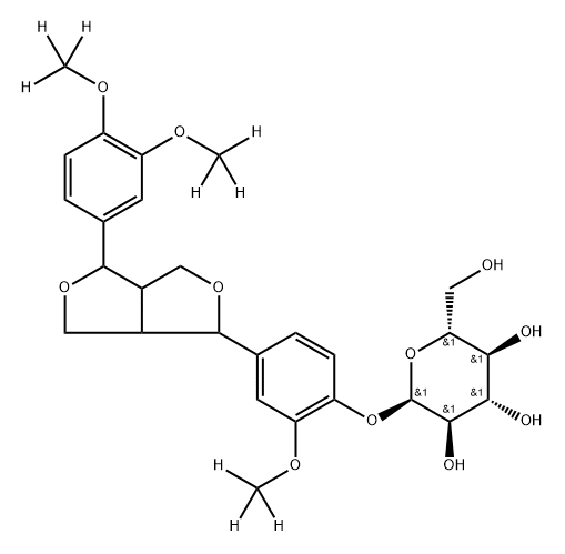 (2R,3R,4S,5S,6R)-2-(4-(4-(3,4-bis(methoxy-d3)phenyl)tetrahydro-1H,3H-furo[3,4-c]furan-1-yl)-2-(methoxy-d3)phenoxy)-6-(hydroxymethyl)tetrahydro-2H-pyran-3,4,5-triol Structure