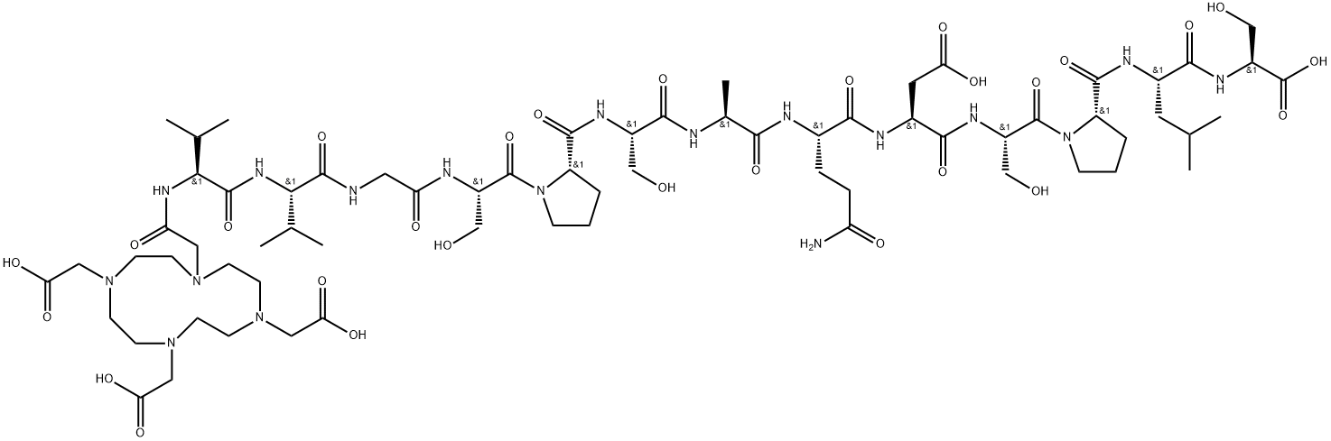 2,2',2''-(10-((4S,7S,13S)-14-((S)-2-(((2S,5S,8S,11S,14S)-8-(3-Amino-3-oxopropyl)-1-((S)-2-(((S)-1-(((S)-1-carboxy-2-hydroxyethyl)amino)-4-methyl-1-oxopentan-2-yl)carbamoyl)pyrrolidin-1-yl)-5-(carboxymethyl)-15-hydroxy-2-(hydroxymethyl)-11-methyl-1,4,7,10,13-pentaoxo-3,6,9,12-tetraazapentadecan-14-yl)carbamoyl)pyrrolidin-1-yl)-13-(hydroxymethyl)-4,7-diisopropyl-2,5,8,11,14-pentaoxo-3,6,9,12-tetraazatetradecyl)-1,4,7,10-tetraazacyclododecane-1,4,7-triyl)triacetic acid Structure