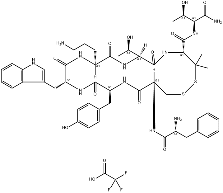 L-Threoninamide, D-phenylalanyl-L-cysteinyl-L-tyrosyl-D-tryptophyl-L-ornithyl-L-threonyl-3-mercapto-L-valyl-, cyclic (2→7)-disulfide, 2,2,2-trifluoroacetate (1:1) Structure