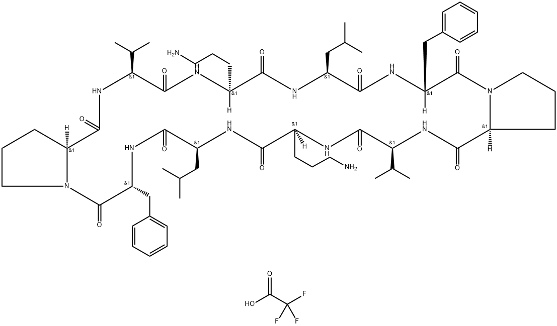 (6R,9S,12S,15S,17aS,23R,26S,29S,32S,34aS)-12,29-Bis(3-aminopropyl)-6,23-dibenzyl-9,26-diisobutyl-15,32-diisopropyltetracosahydrodipyrrolo[1,2-a:1',2'-p][1,4,7,10,13,16,19,22,25,28]decaazacyclotriacontine-5,8,11,14,17,22,25,28,31,34-decaone trifluoroacetate Structure