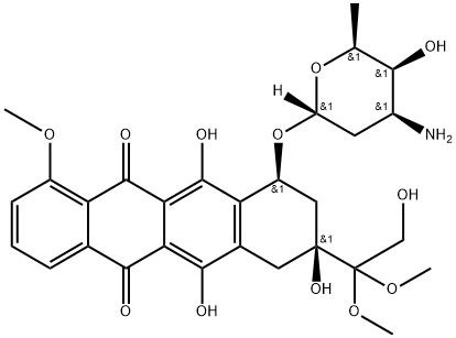5,12-Naphthacenedione, 10-[(3-amino-2,3,6-trideoxy-α-L-lyxo-hexopyranosyl)oxy]-7,8,9,10-tetrahydro-6,8,11-trihydroxy-8-(2-hydroxy-1,1-dimethoxyethyl)-1-methoxy-, (8S,10S)- 구조식 이미지