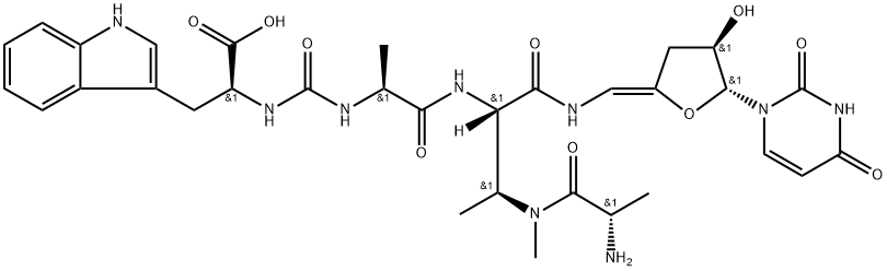 L-Tryptophan, N-[[[(1S)-2-[[(1S,2S)-2-[[(2S)-2-amino-1-oxopropyl]methylamino]-1-[[[(Z)-[(4R,5R)-5-(3,4-dihydro-2,4-dioxo-1(2H)-pyrimidinyl)dihydro-4-hydroxy-2(3H)-furanylidene]methyl]amino]carbonyl]propyl]amino]-1-methyl-2-oxoethyl]amino]carbonyl]- 구조식 이미지