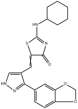 5-((3-(benzo[d][1,3]Dioxol-5-yl)-1H-pyrazole-4-yl)methylene)-2-(cyclohexylamino-)thiazole-4(5H)-one Structure