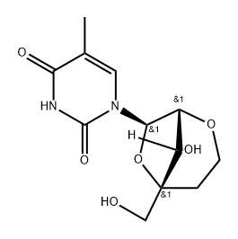 2,4(1H,3H)-Pyrimidinedione, 1-[2,6-anhydro-5-deoxy-4-C-(hydroxymethyl)-α-L-lyxo-hexofuranosyl]-5-methyl- Structure
