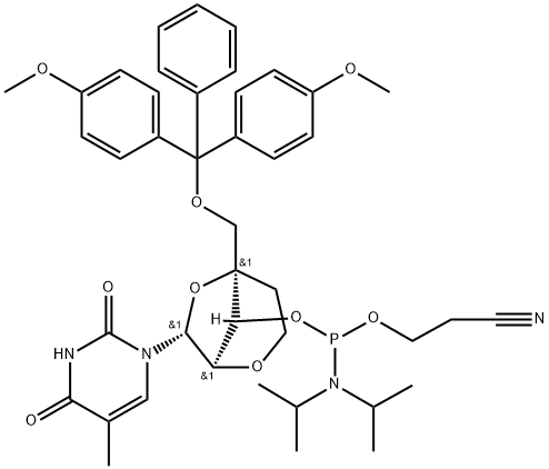 1-[2,6-Anhydro-4-C-[[bis(4-methoxyphenyl)phenylmethoxy]methyl]-3-O-[[bis(1-methylethyl)amino](2-cyanoethoxy)phosphino]-5-deoxy-α-L-lyxo-hexofuranosyl]-5-methyl-2,4(1H,3H)-pyrimidinedione Structure