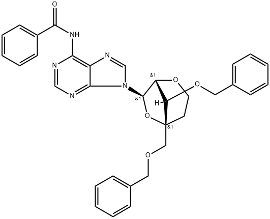 Benzamide, N-?[9-?[2,?6-?anhydro-?5-?deoxy-?4-?C-?[(phenylmethoxy)?methyl]?-?3-?O-?(phenylmethyl)?-?α-?L-?lyxo-?hexofuranosyl]?-?9H-?purin-?6-?yl]?- Structure