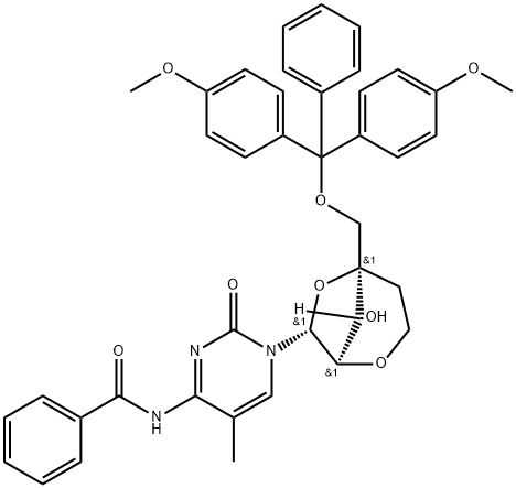 Benzamide, N-[1-[2,6-anhydro-4-C-[[bis(4-methoxyphenyl)phenylmethoxy]methyl]-5-deoxy-α-L-lyxo-hexofuranosyl]-1,2-dihydro-5-methyl-2-oxo-4-pyrimidinyl]- Structure