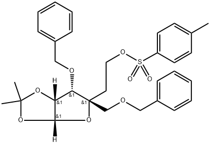 L-?arabino-?Hexodialdo-?6,?3-?furanose, 2-?deoxy-?5,?6-?O-?(1-?methylethylidene)?-?3-?C-?[(phenylmethoxy)?methyl]?-?4-?O-?(phenylmethyl)?-?, 1-?(4-?methylbenzenesulfona?te) Structure