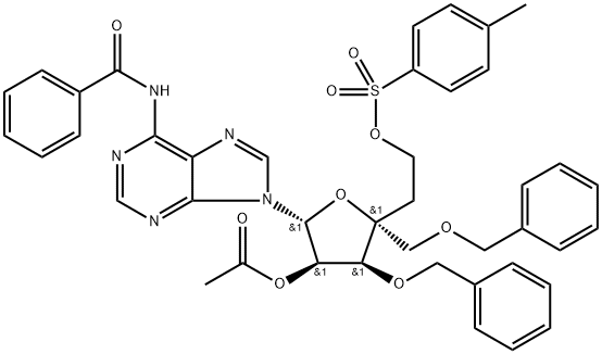 Adenosine, N-?benzoyl-?4'-?C-?[2-?[[(4-?methylphenyl)?sulfonyl]?oxy]?ethyl]?-?3',?5'-?bis-?O-?(phenylmethyl)?-?, 2'-?acetate Structure