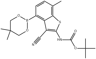 tert-Butyl (3-cyano-4-(5,5-dimethyl-1,3,2-dioxaborinan-2-yl)-7-methylbenzo[b]thiophen-2-yl)carbamate 구조식 이미지