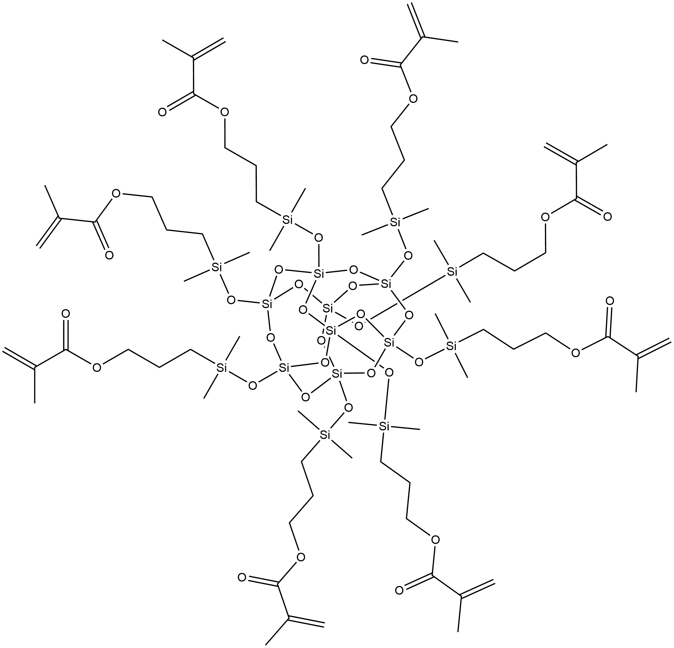 2-Propenoic acid, 2-methyl-, 1,1',1'',1''',1'''',1''''',1'''''',1'''''''-pentacyclo[9.5.1.13,9.15,15.17,13]octasiloxane-1,3,5,7,9,11,13,15-octayloctakis[oxy(dimethylsilylene)-3,1-propanediyl] ester Structure