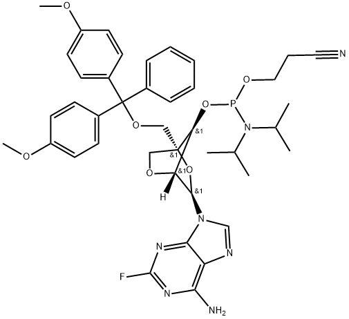 (1R,3R,4R,7S)-3-(6-Amino-2-fluoro-9H-purin-9-yl)-1-((bis(4-methoxyphenyl)(phenyl)methoxy)methyl)-2,5-dioxabicyclo[2.2.1]heptan-7-yl (2-cyanoethyl) diisopropylphosphoramidite Structure