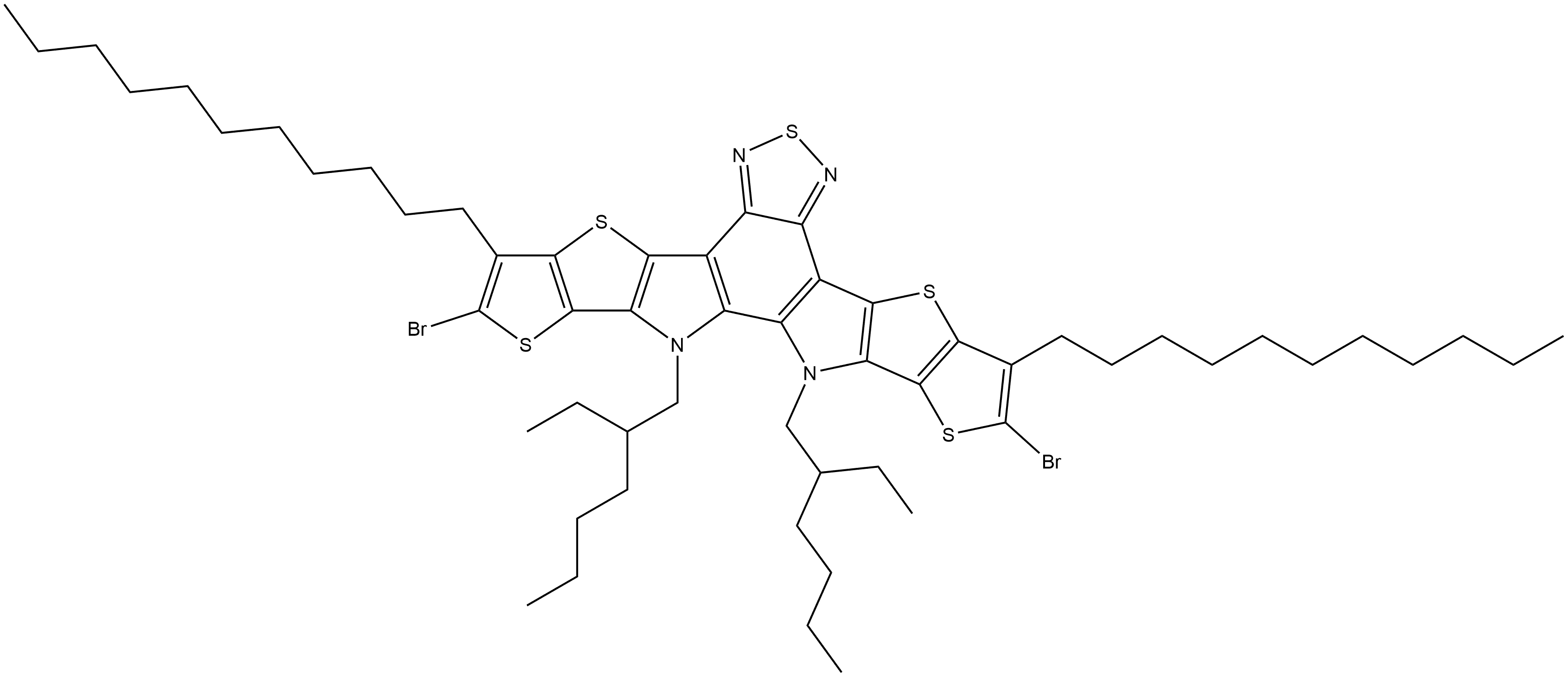 Dithieno[2'',3'':4',5']thieno[2',3':4,5]pyrrolo[3,2-e:2',3'-g][2,1,3]benzothiadiazole, 2,10-dibromo-12,13-bis(2-ethylhexyl)-12,13-dihydro-3,9-diundecyl- Structure