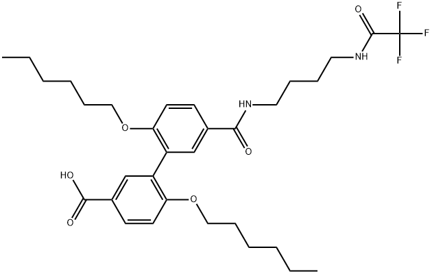 [1,1′-Biphenyl]-3-carboxylic acid, 2′,6-bis(hexyloxy)-5′-[[[4-[(2,2,2-trifluoroacetyl)amino]butyl]amino]carbonyl]- Structure