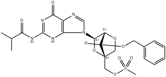 Propanamide, N-?[9-?[2,?5-?anhydro-?4-?C-?[[(methylsulfonyl)?oxy]?methyl]?-?3-?O-?(phenylmethyl)?-?α-?L-?lyxofuranosyl]?-?6,?9-?dihydro-?6-?oxo-?1H-?purin-?2-?yl]?-?2-?methyl- (9CI) Structure