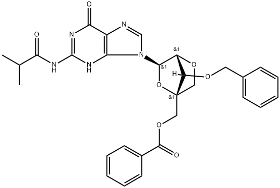 Propanamide, N-?[9-?[2,?5-?anhydro-?4-?C-?[(benzoyloxy)?methyl]?-?3-?O-?(phenylmethyl)?-?α-?L-?lyxofuranosyl]?-?6,?9-?dihydro-?6-?oxo-?1H-?purin-?2-?yl]?-?2-?methyl- (9CI) Structure