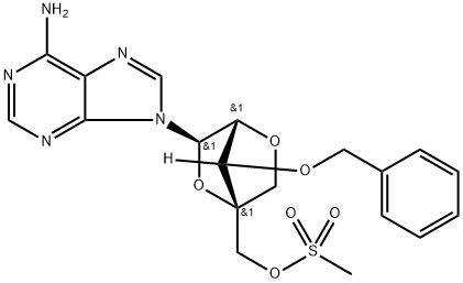 9H-Purin-6-amine, 9-[2,5-anhydro-4-C-[[(methylsulfonyl)oxy]methyl]-3-O-(phenylmethyl)-α-L-lyxofuranosyl]- 구조식 이미지