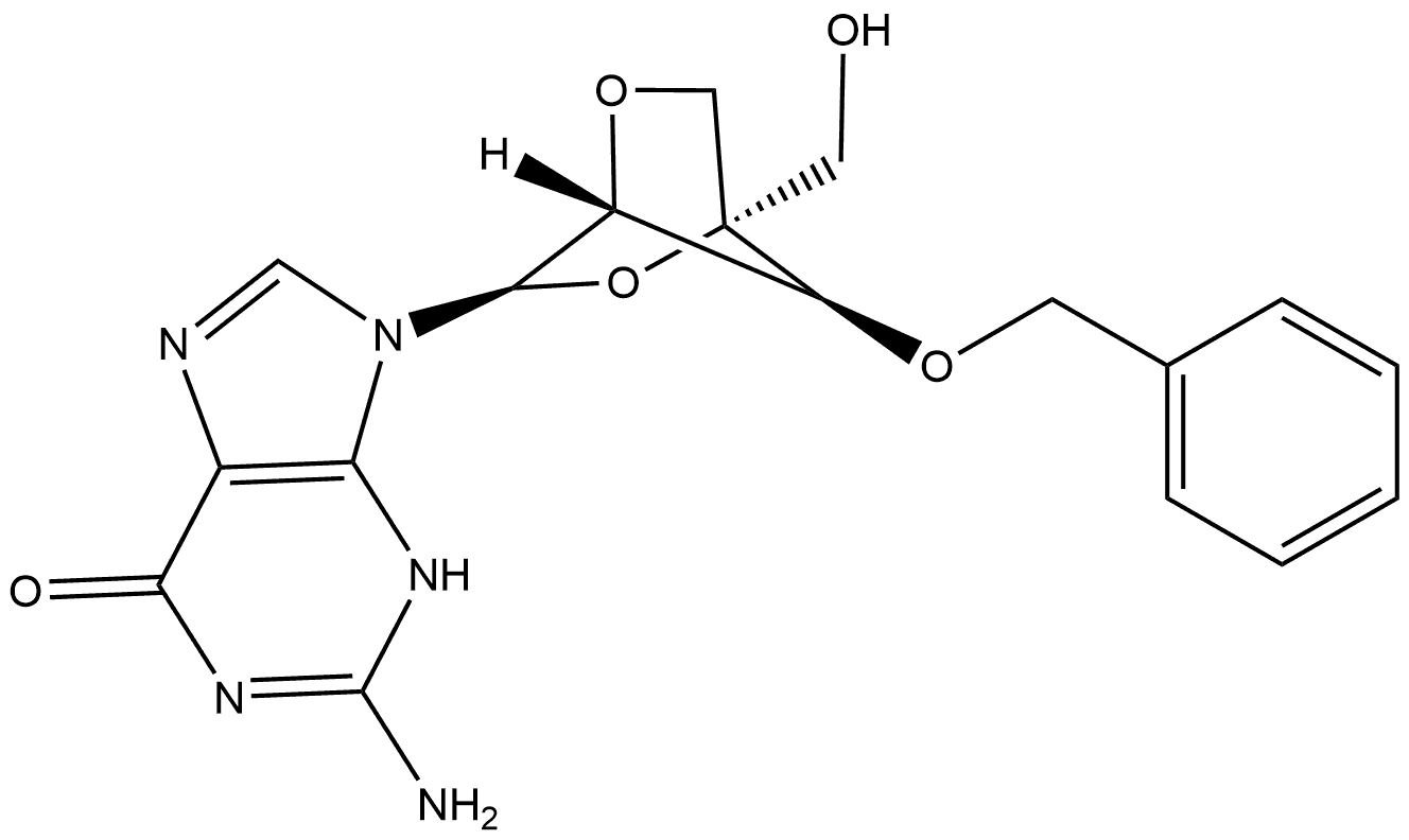 2-amino-9-((1S,3R,4R,7S)-7-(benzyloxy)-1-(hydroxymethyl)-2,5-dioxabicyclo[2.2.1]heptan-3-yl)-1,9-dihydro-6H-purin-6-one Structure