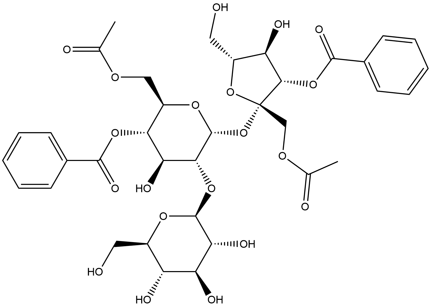 α-D-Glucopyranoside, 1-O-acetyl-3-O-benzoyl-β-D-fructofuranosyl O-β-D-glucopyranosyl-(1→2)-, 6-acetate 4-benzoate Structure