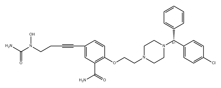 Benzamide, 5-[4-[(aminocarbonyl)hydroxyamino]-1-butyn-1-yl]-2-[2-[4-[(R)-(4-chlorophenyl)phenylmethyl]-1-piperazinyl]ethoxy]- 구조식 이미지