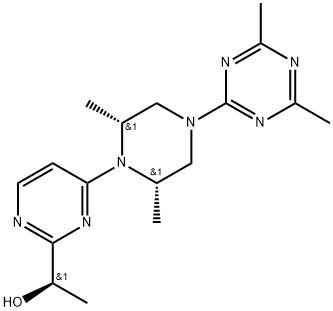 2-Pyrimidinemethanol, 4-[(2R,6S)-4-(4,6-dimethyl-1,3,5-triazin-2-yl)-2,6-dimethyl-1-piperazinyl]-α-methyl-, (αR)- 구조식 이미지