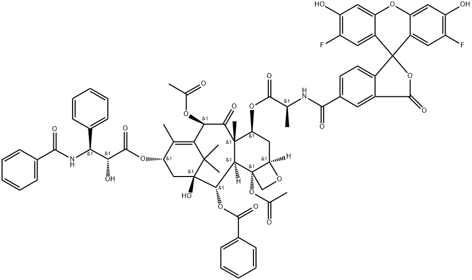 (2aR,4S,4aS,6R,9S,11S,12S,12aR,12bS)-6,12b-Bis(acetyloxy)-9-[(2R,3S)-3-(benzoylamino)-2-hydroxy-1-oxo-3-phenylpropoxy]-12-(benzoyloxy)-2a,3,4,4a,5,6,9,10,11,12,12a,12b-dodecahydro-11-hydroxy-4a,8,13,13-tetramethyl-5-oxo-7,11-methano-1H-cyclodeca[3,4]benz[1,2-b]oxet-4-yl ester N-[(2',7'-difluoro-3',6'-dihydroxy-3-oxospiro[isobenzofuran-1(3H),9'-[9H]xanthen]-5-yl)carbonyl]-L-alanine Structure