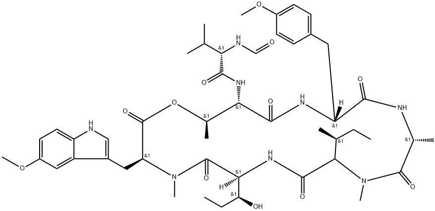 N-(N-Formyl-L-Val-)cyclo[L-Thr*-4-methoxy-D-Phe-D-Ala-N-methyl-L-aIle-[(3S)-3-hydroxy-L-Nva-]-5-methoxy-N-methyl-L-Trp-] Structure