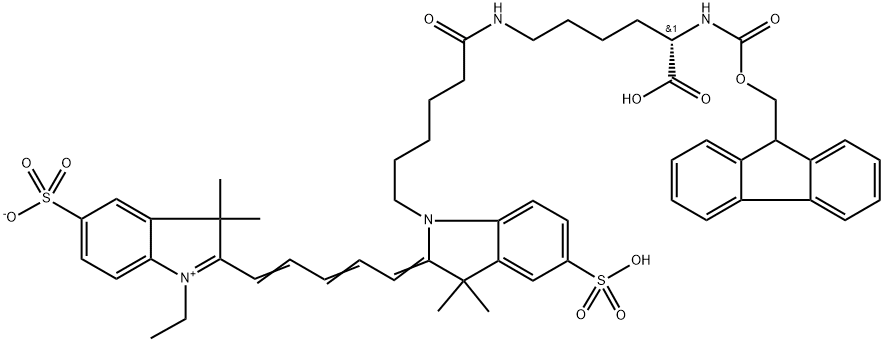 3H-Indolium, 2-[5-[1-[6-[[(5S)-5-carboxy-5-[[(9H-fluoren-9-ylmethoxy)carbonyl]amino]pentyl]amino]-6-oxohexyl]-1,3-dihydro-3,3-dimethyl-5-sulfo-2H-indol-2-ylidene]-1,3-pentadien-1-yl]-1-ethyl-3,3-dimethyl-5-sulfo-, inner salt Structure