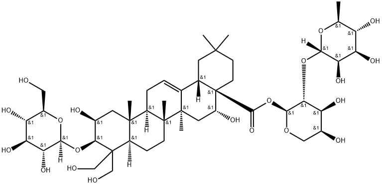 Olean-12-en-28-oic acid, 3-(β-D-glucopyranosyloxy)-2,16,23,24-tetrahydroxy-, 2-O-(6-deoxy-α-L-mannopyranosyl)-α-L-arabinopyranosyl ester, (2β,3β,16α)- 구조식 이미지