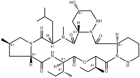 Cyclo[(3S,5S)-hexahydro-5-hydroxy-3-pyridazinecarbonyl-N-methyl-D-leucyl-(4R)-4-methyl-L-prolyl-D-isoleucyl-(2S,3S)-2-hydroxy-3-methylpentanoyl-(3R)-hexahydro-3-pyridazinecarbonyl] 구조식 이미지