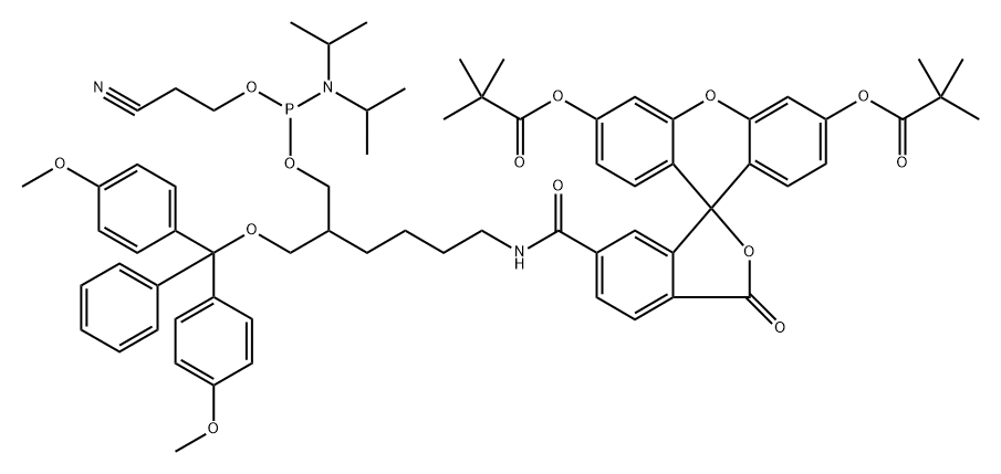 Propanoic acid, 2,2-dimethyl-, 6-[7-[[bis(4-methoxyphenyl)phenylmethoxy]methyl]-10-[bis(1-methylethyl)amino]-13-cyano-1-oxo-9,11-dioxa-2-aza-10-phosphatridec-1-yl]-3-oxospiro[isobenzofuran-1(3H),9'-[9H]xanthene]-3',6'-diyl ester (9CI) Structure
