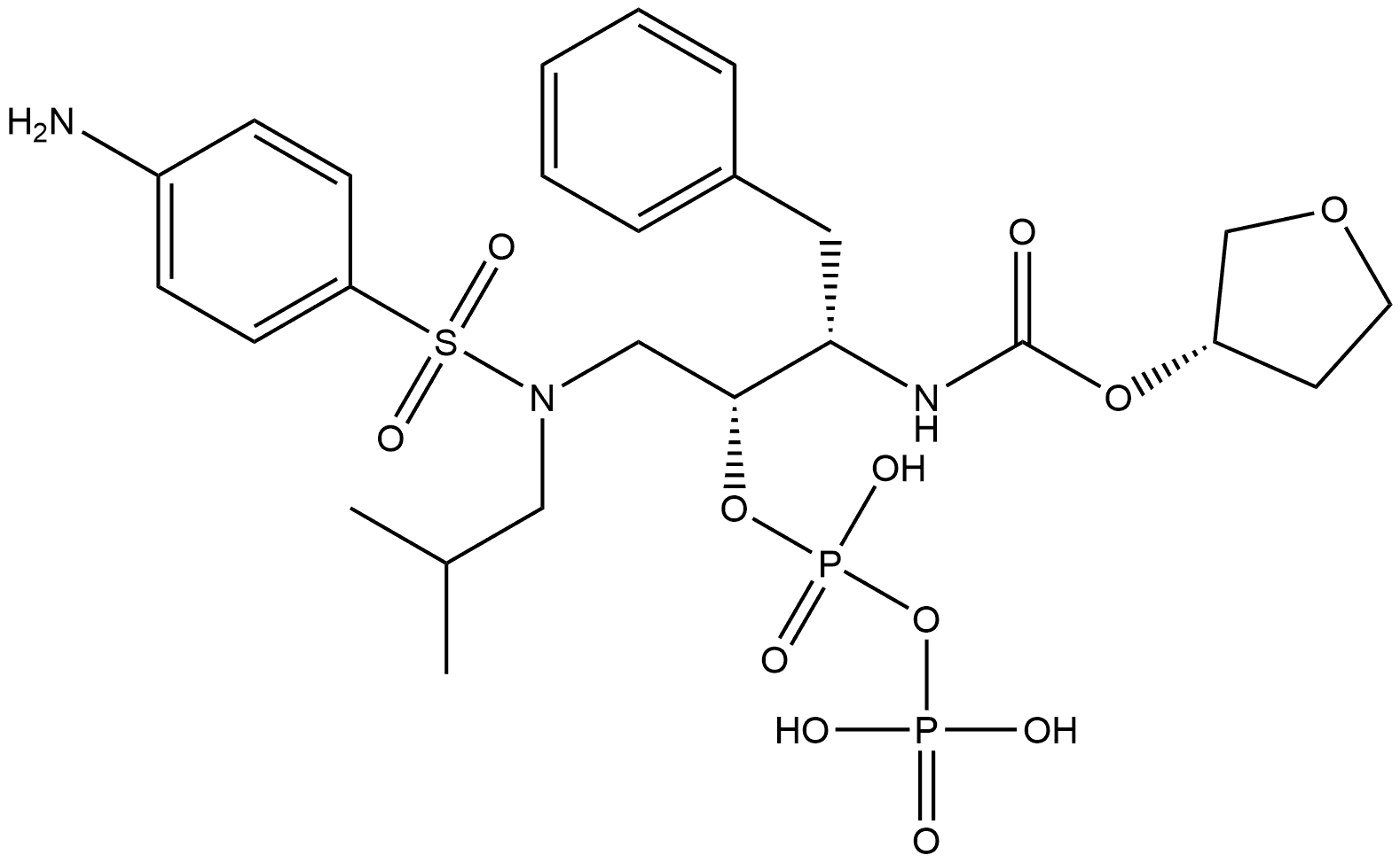 2,4-Dioxa-7-aza-1,3-diphosphaoctan-8-oic acid, 5-[[[(4-aminophenyl)sulfonyl](2-methylpropyl)amino]methyl]-1,1,3-trihydroxy-6-(phenylmethyl)-, (3S)-tetrahydro-3-furanyl ester, 1,3-dioxide, (5R,6S)- (9CI) 구조식 이미지