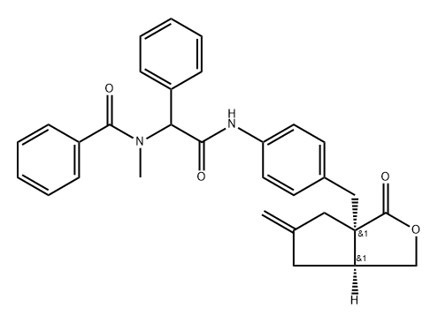 Benzeneacetamide, alpha-(benzoylmethylamino)-N-[4-[[(3aR,6aR)-tetrahydro-5-methylene-3-oxo-1H-cyclopenta[c]furan-3a(3H)-yl]methyl]phenyl]-, rel- (9CI) Structure