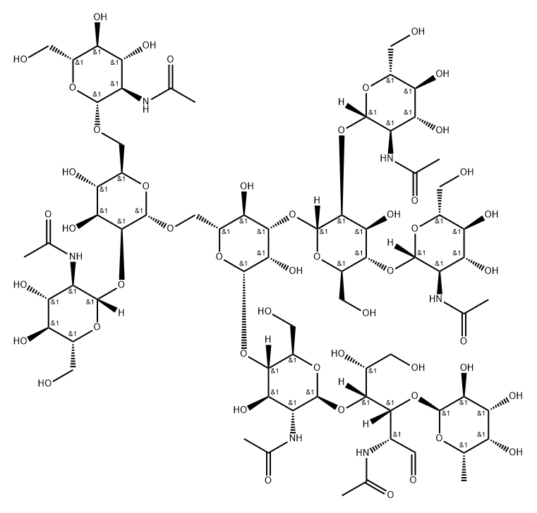 O-2-(Acetylamino)-2-deoxy-beta-D-glucopyranosyl-(1-2)-O-[2-(acetylamino)-2-deoxy-beta-D-glucopyranosyl-(1-4)]-O-alpha-D-mannopyranosyl-(1-3)-O-[O-2-(acetylamino)-2-deoxy-beta-D-glucopyranosyl-(1-2)-O-[2-(acetylamino)-2-deoxy-beta-D-glucopyranosyl-(1-6)]-alpha-D-mannopyranosyl-(1-6)]-O-beta-D-mannopyranosyl-(1-4)-O-2-(acetylamino)-2-deoxy-beta-D-glucopyranosyl-(1-4)-O-[6-deoxy-alpha-L-galactopyranosyl-(1-3)]-2-(acetylamino)-2-deoxy-D-glucose Structure