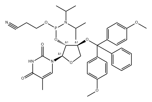 1-{2’-O-[(2-Cyanoethoxy)(diisopropyl amino)phosphino]-3’-O-[(4,4’-dimethoxytriphenyl)methyl]-?-L-threofuranosyl} thymine 구조식 이미지