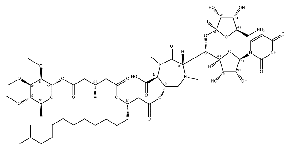 Uridine, 5'-O-(5-amino-5-deoxy-β-D-ribofuranosyl)-5'-C-[(2S,5S,6S)-5-carboxy-6-[[(3S)-3-[[(3S)-5-[(6-deoxy-2,3,4-tri-O-methyl-α-L-mannopyranosyl)oxy]-3-methyl-1,5-dioxopentyl]oxy]-14-methyl-1-oxopentadecyl]oxy]hexahydro-1,4-dimethyl-3-oxo-1H-1,4-diazepin-2-yl]-, (5'S)- Structure