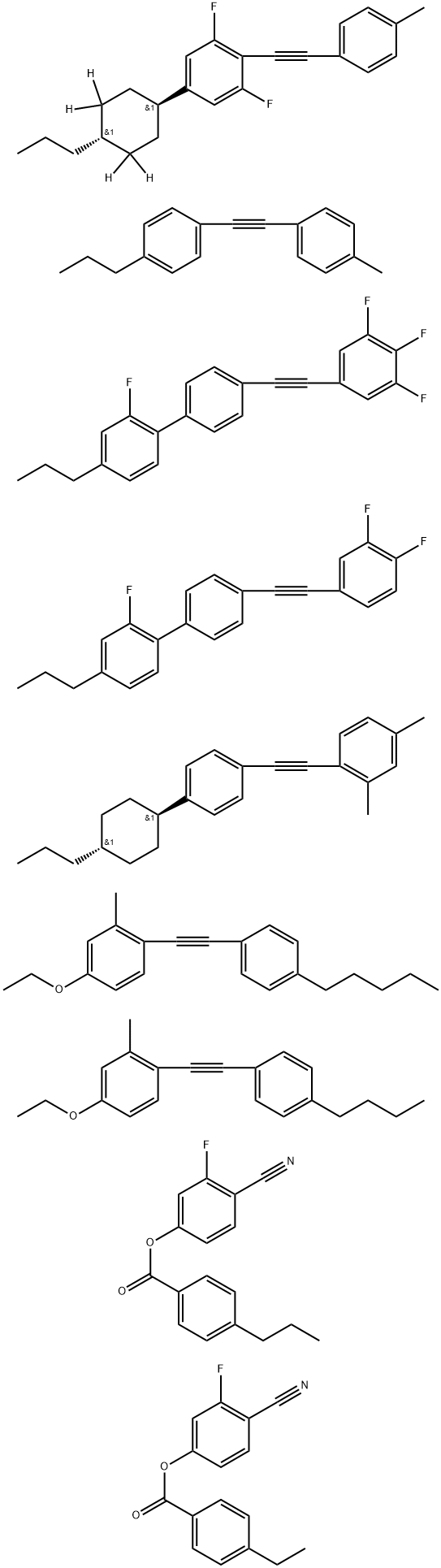 Benzoic acid, 4-ethyl-, 4-cyano-3-fluorophenyl ester, mixt. with 1-[(4-butylphenyl)ethynyl]-4-ethoxy-2-methylbenzene, 4-cyano-3-fluorophenyl 4-propylbenzoate, 1,3-difluoro-2-[(4-methylphenyl)ethynyl]-5-(trans-4-propylcyclohexyl-3,3,5,5-d4)benzene, 4′-[(3,4-difluorophenyl)ethynyl]-2-fluoro-4-propyl-1,1′-biphenyl, 2,4-dimethyl-1-[[4-(trans-4-propylcyclohexyl)phenyl]ethynyl]benzene, 4-ethoxy-2-methyl-1-[(4-pentylphenyl)ethynyl]benzene, 2-fluoro-4-propyl-4′-[(3,4,5-trifluorophenyl)ethynyl]-1,1′-biphenyl and 1-[(4-methylphenyl)ethynyl]-4-propylbenzene 구조식 이미지